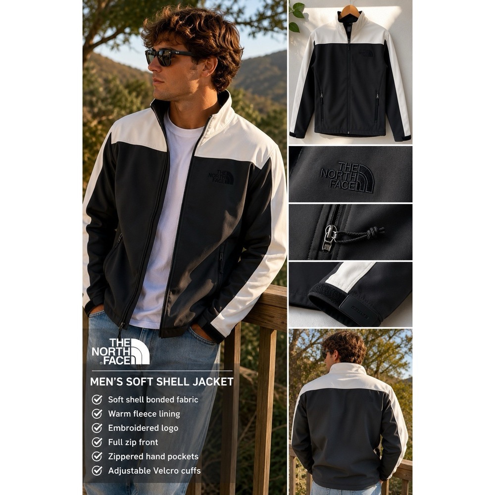 The North Face Men's Soft Shell Jacket Black White Full Zip Fleece Lined Sz Sml